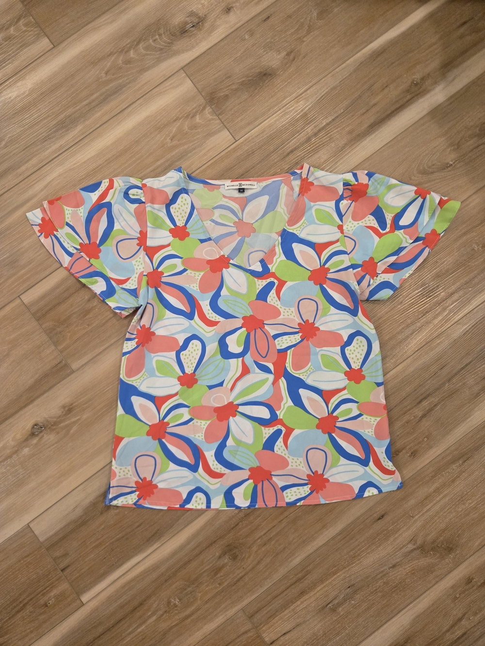 Floral V-Neck Flutter Sleeve Top - Multicolor